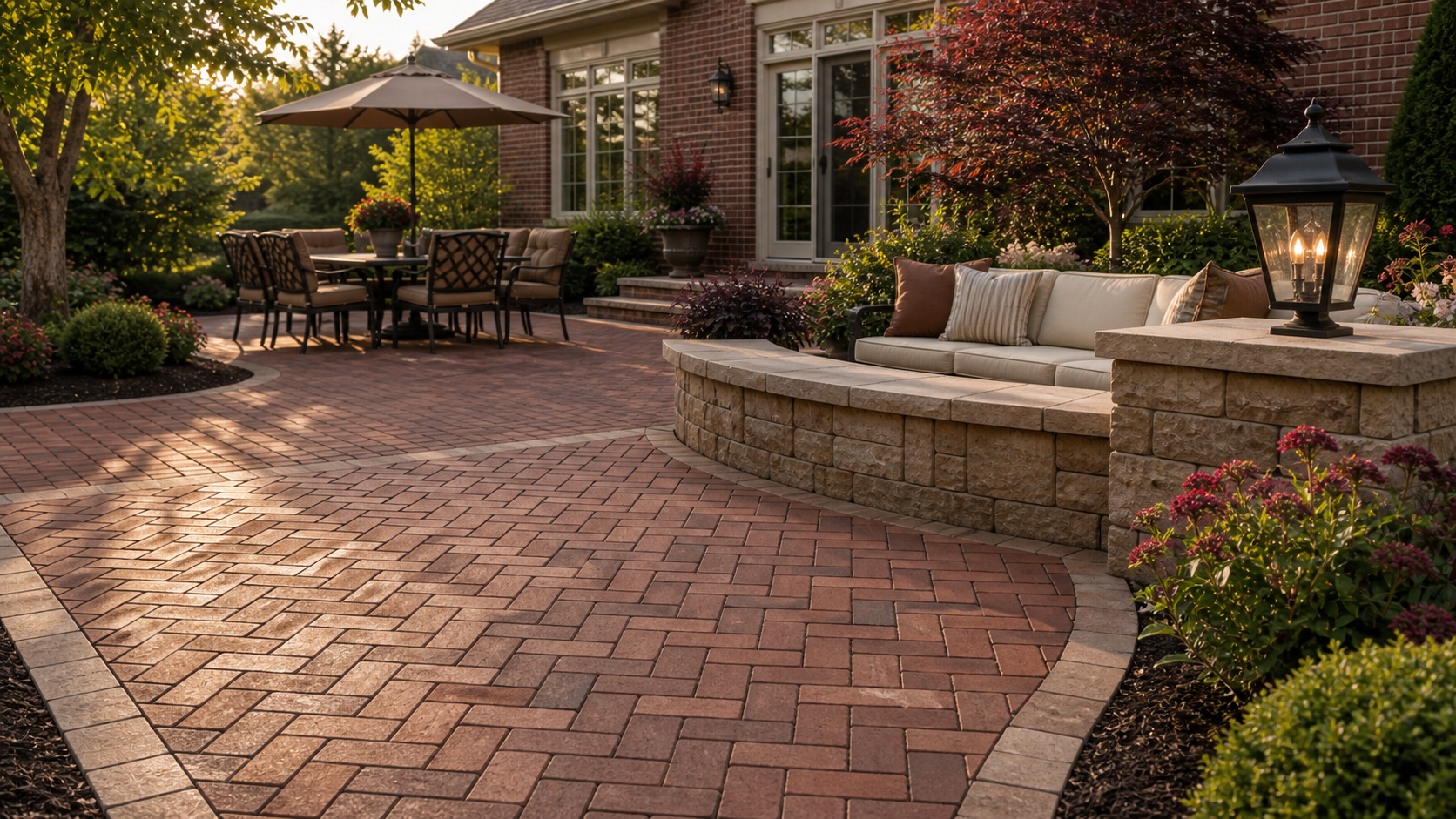 Herringbone brick patio with stone seat wall and landscaped backyard