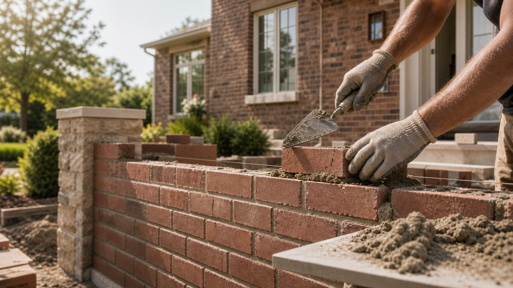 Professional bricklaying with red brick courses and fresh mortar
