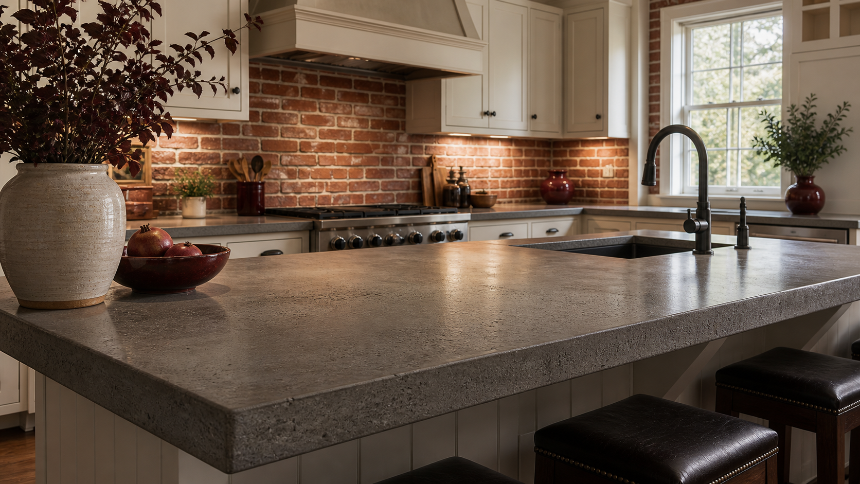 Polished concrete countertop in a warm kitchen with brick backsplash