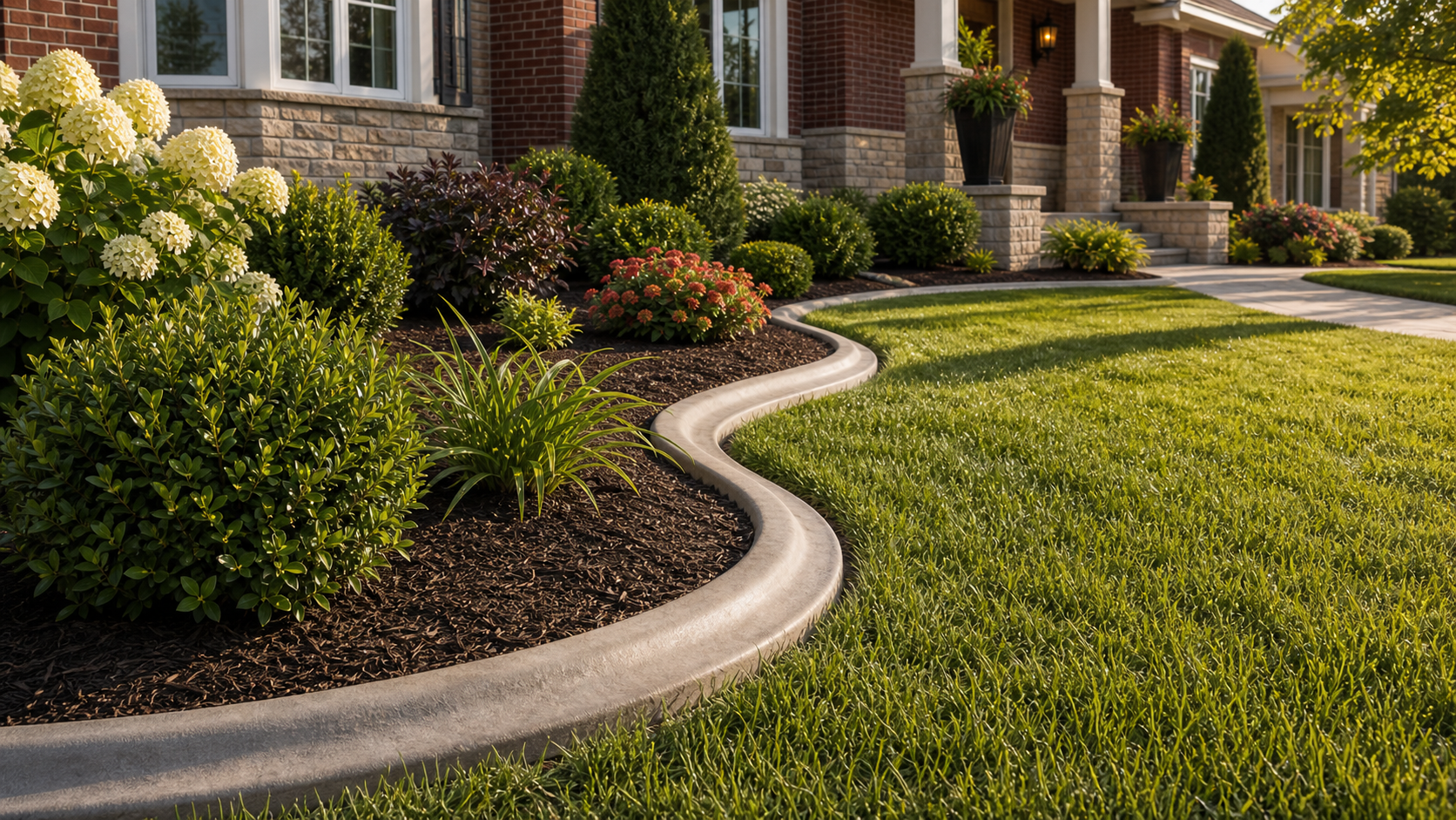 Decorative poured concrete curbing around landscaped garden beds