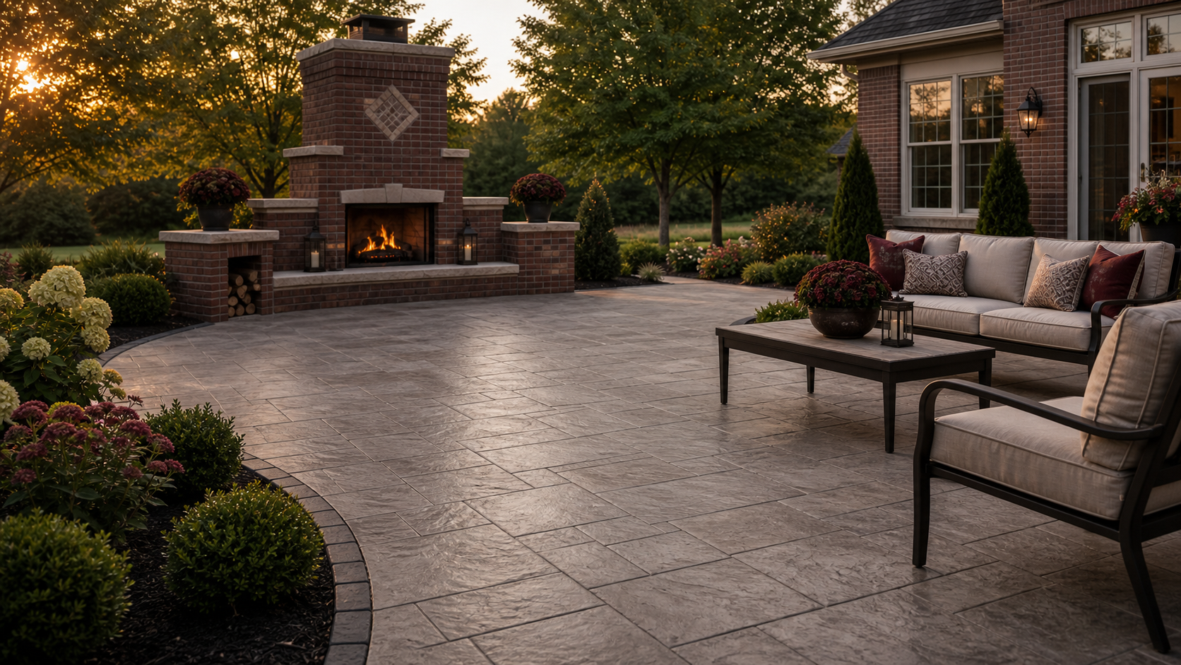 Stamped concrete patio with brick outdoor fireplace and backyard seating