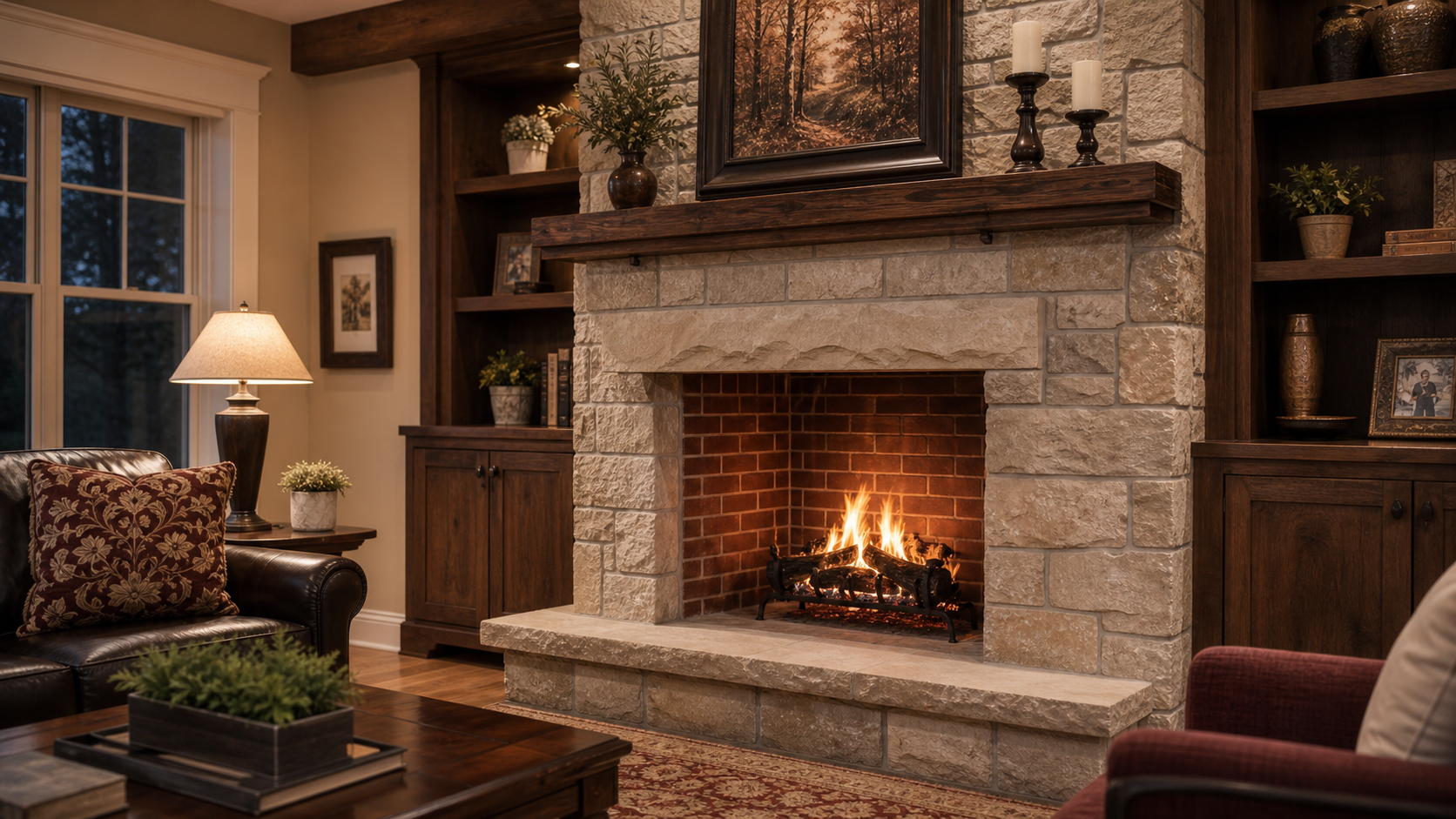 Premium stone fireplace with brick firebox in a warm living room